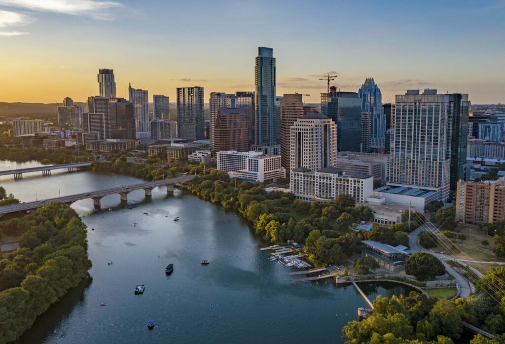 Austin skyline at sunset over Lady Bird Lake
