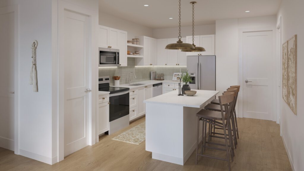 Modern white kitchen with an island, wooden bar stools, stainless steel appliances, and pendant lighting above the island