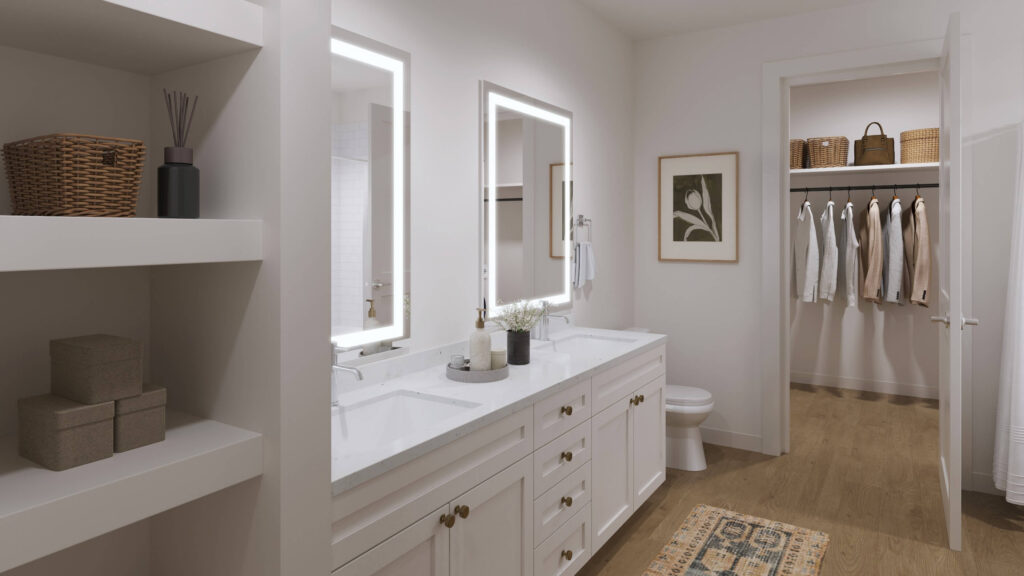 Rendering bathroom with double vanity and walk-in closet at Citizen House Ledgestone